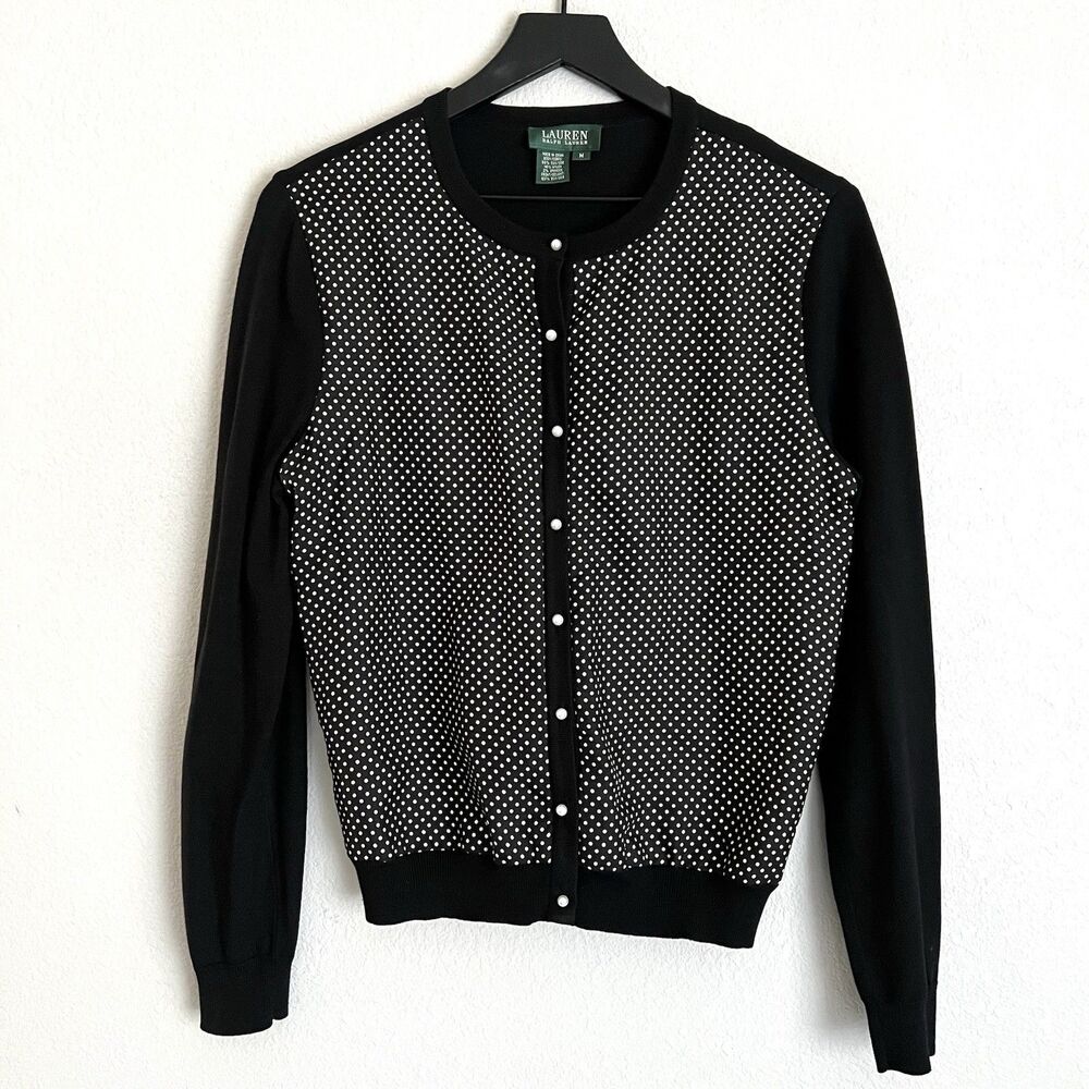 Lauren Ralph Lauren Silk Polka Dot Pearl Button Cardigan Sweater Black Size M